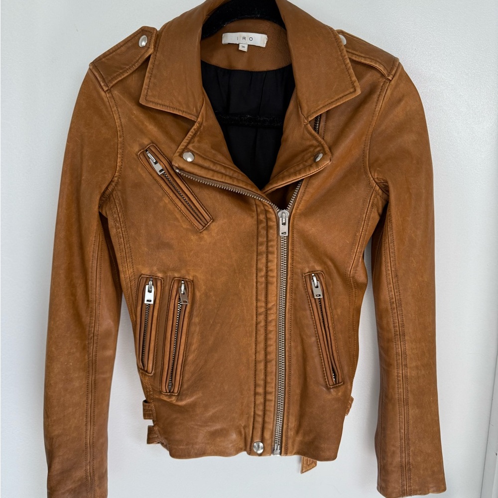 IRO Tan Leather Moto Jacket Asymmetrical Zipper